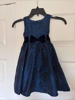 Girls Navy Embroidered Party Dress with Velvet Bow